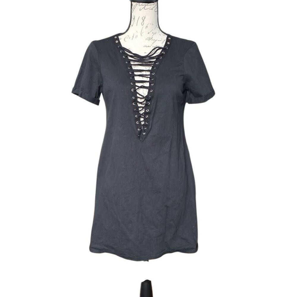 Moa Moa Women's Size Medium Black Lace Up Front Shirt Dress